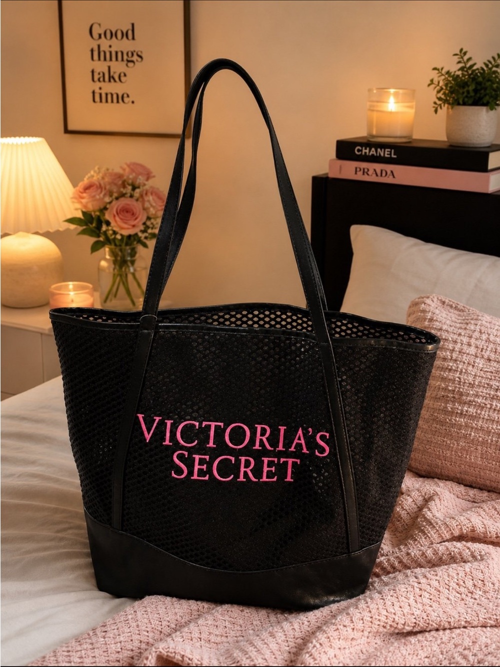 Victoria’s Secret Black Mesh Tote Bag NWT Pink Logo Beach Pool Travel